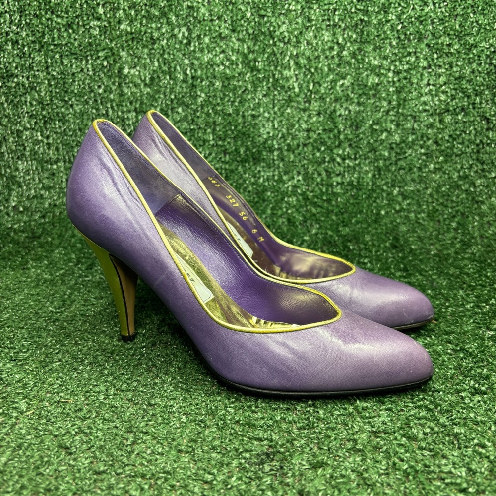 Bally Pointed Toe Gold Trim Leather Vintage‎ Stiletto Pumps Purple Womens Size 6